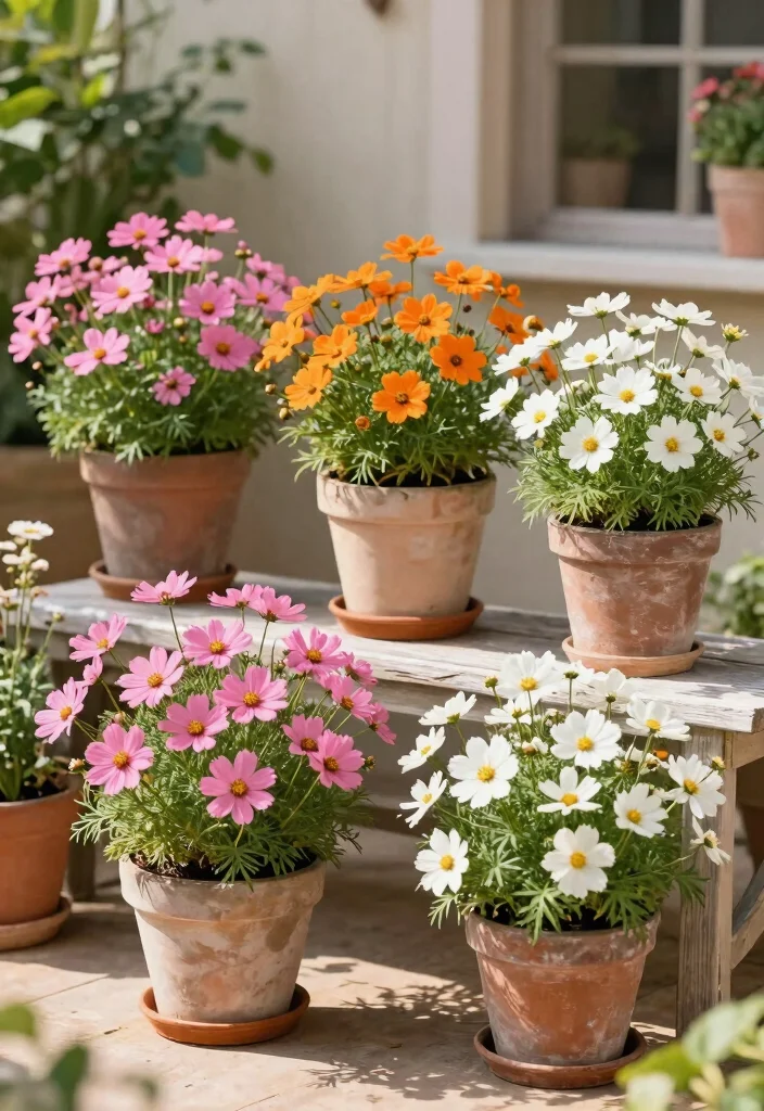 14 Patio Flower Pots That Don't Need Daily Watering in Full Sun - 14. Cheerful Cosmos for a Cottage Garden Feel 1