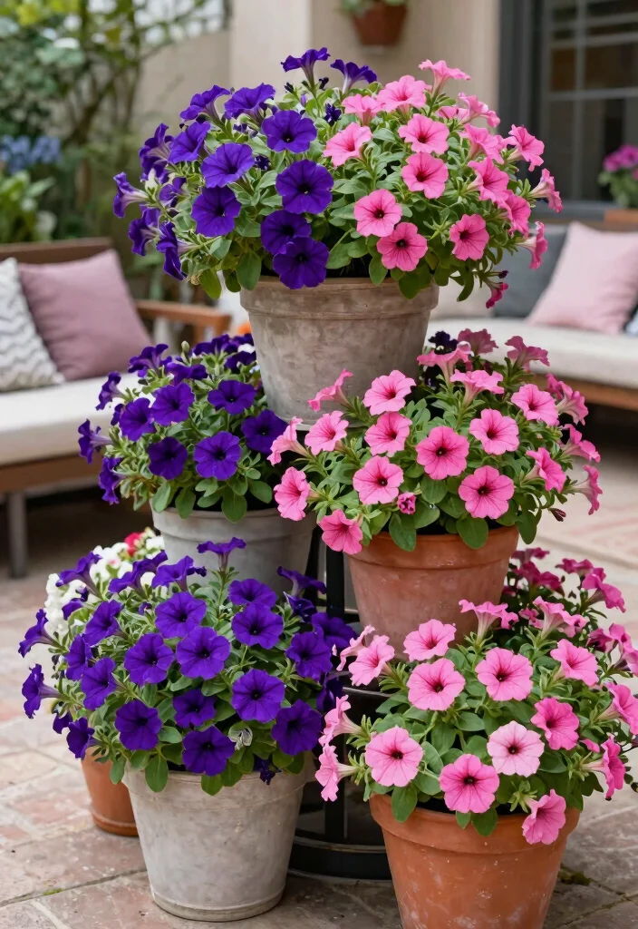 14 Patio Flower Pots That Don't Need Daily Watering in Full Sun - 7. Pert Petunias in Stylish Containers 1