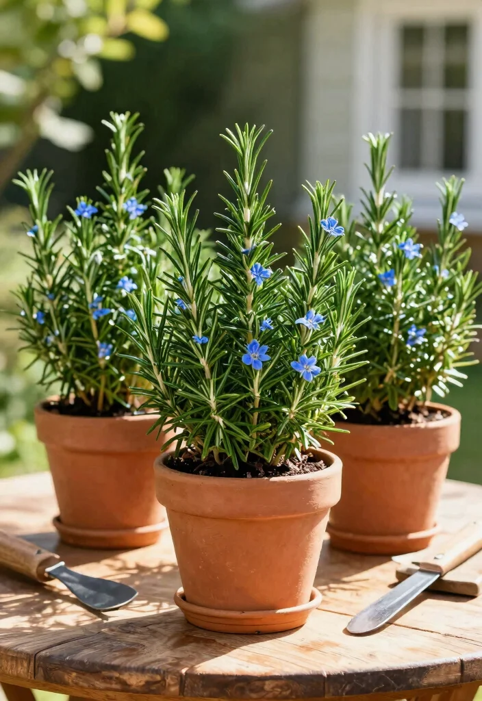 14 Patio Flower Pots That Don't Need Daily Watering in Full Sun - 9. Resilient Rosemary in Decorative Pots 1