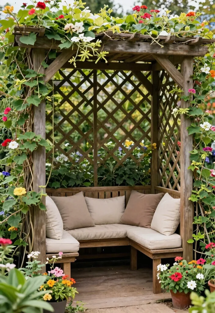 14 Privacy Trellis Ideas That Block Views Without a Full Fence - 13. Trellis with Built-in Seating 1