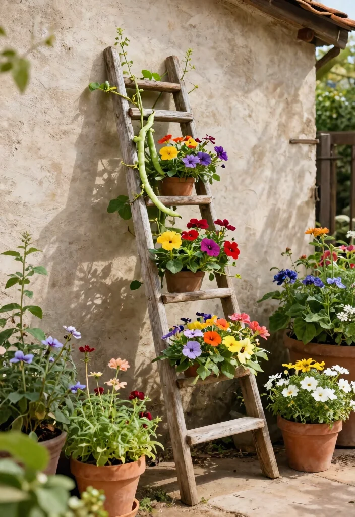 14 Vine Trellis Ideas That Support Heavy Climbers Without Sagging - 3. Leaning Ladder Trellis 1