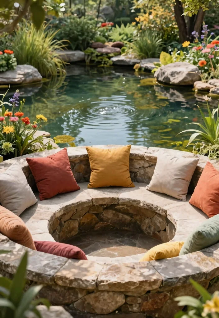 15 Backyard Pond Ideas That Don't Need a Power Line - 12. Pond with Built-In Seating 1