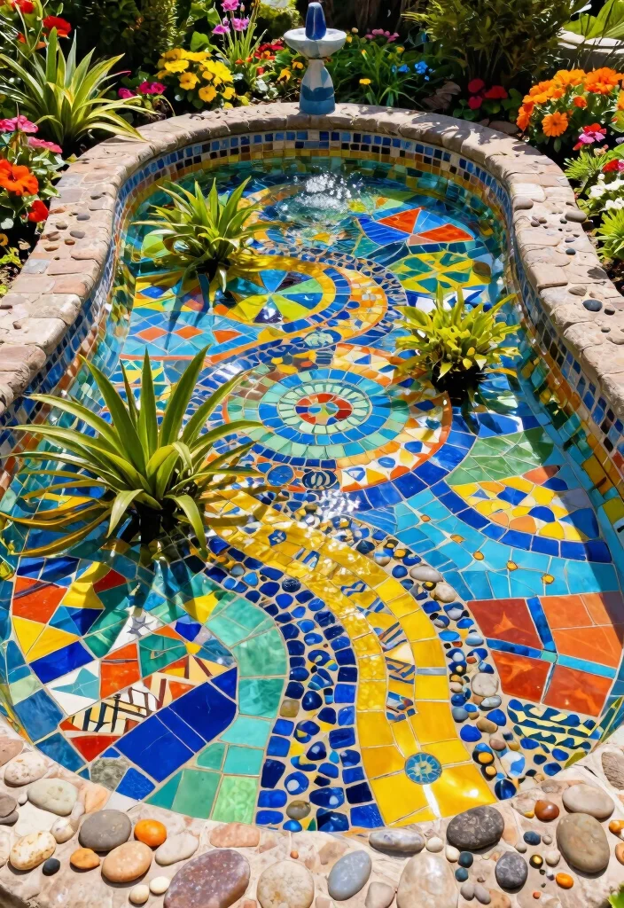 15 Backyard Pond Ideas That Don't Need a Power Line - 13. Artistic Mosaic Pond 1