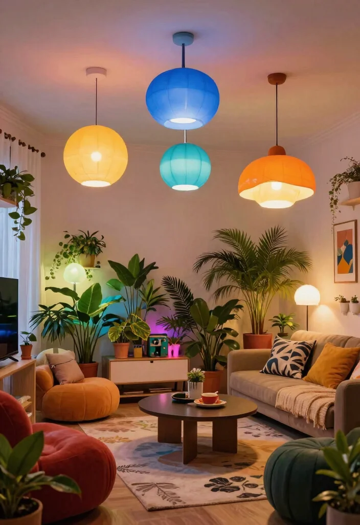 15 Ceiling Light Design Living Room Ideas for Low and High Ceilings - 10. Colorful Lighting Fixtures for a Pop of Fun 1