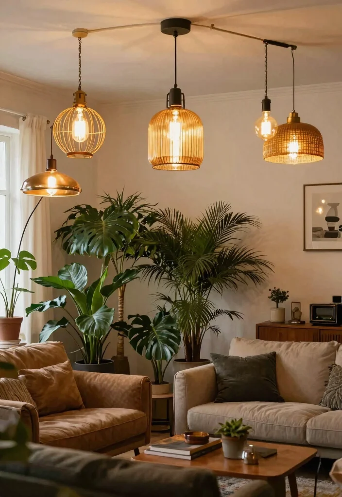 15 Ceiling Light Design Living Room Ideas for Low and High Ceilings - 12. Vintage Charm with Retro Light Fixtures 1