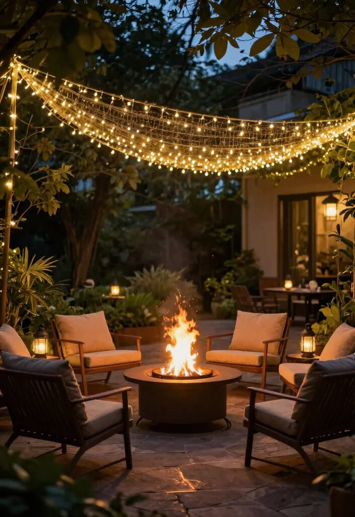 15 Corner Yard Fire Pit Ideas That Use Dead Space Nobody Touches - 13. Fire Pit with Twinkling Lights 1