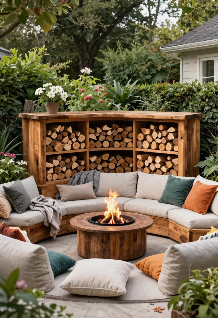 15 Corner Yard Fire Pit Ideas That Use Dead Space Nobody Touches - 2. Cozy Corner with Firewood Storage 1