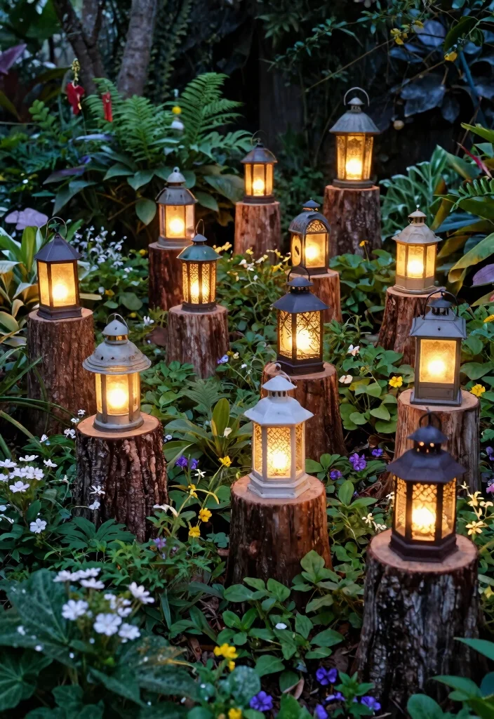 15 Farmhouse Outdoor Lighting Ideas on a Budget - 10. Lanterns on Stumps 1