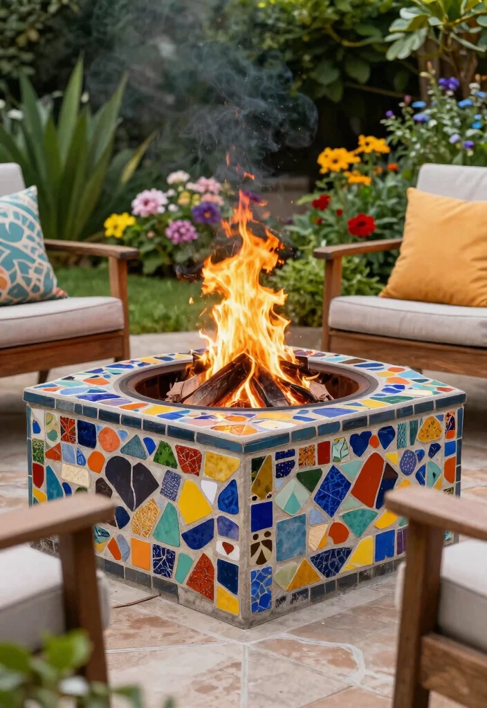 15 Metal Fire Pit Ideas That Look High-End on a Budget - 8. Colorful Mosaic Tile Fire Pit 1