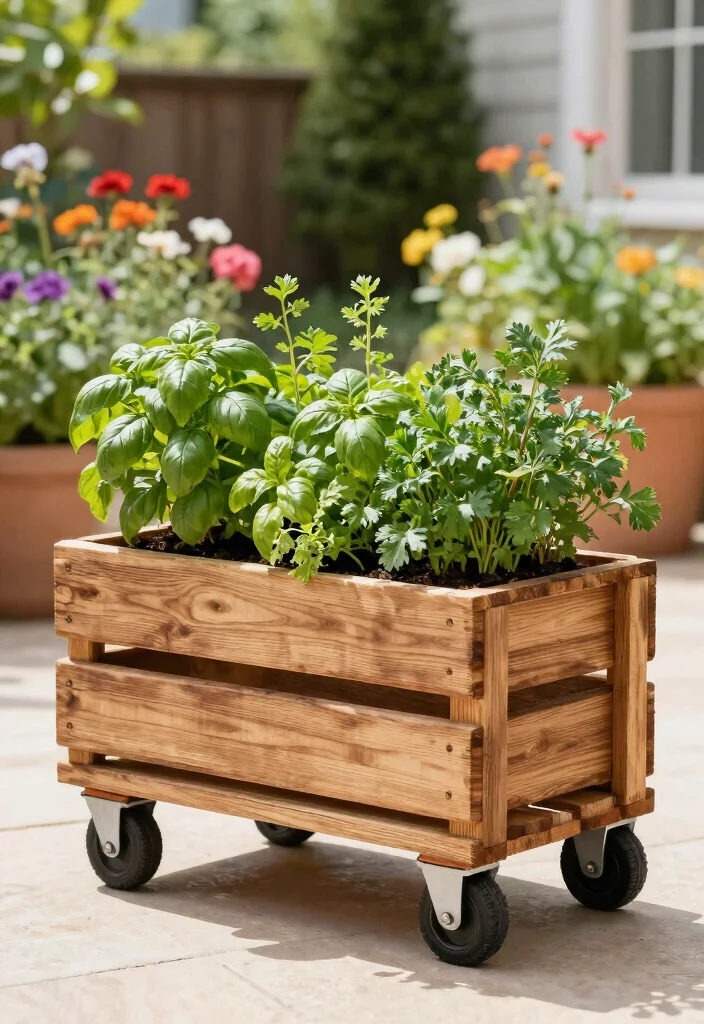 15 Pallet Herb Planter Ideas That Cost Nothing and Take One Hour - 10. Pallet Herb Planter with Wheels 1