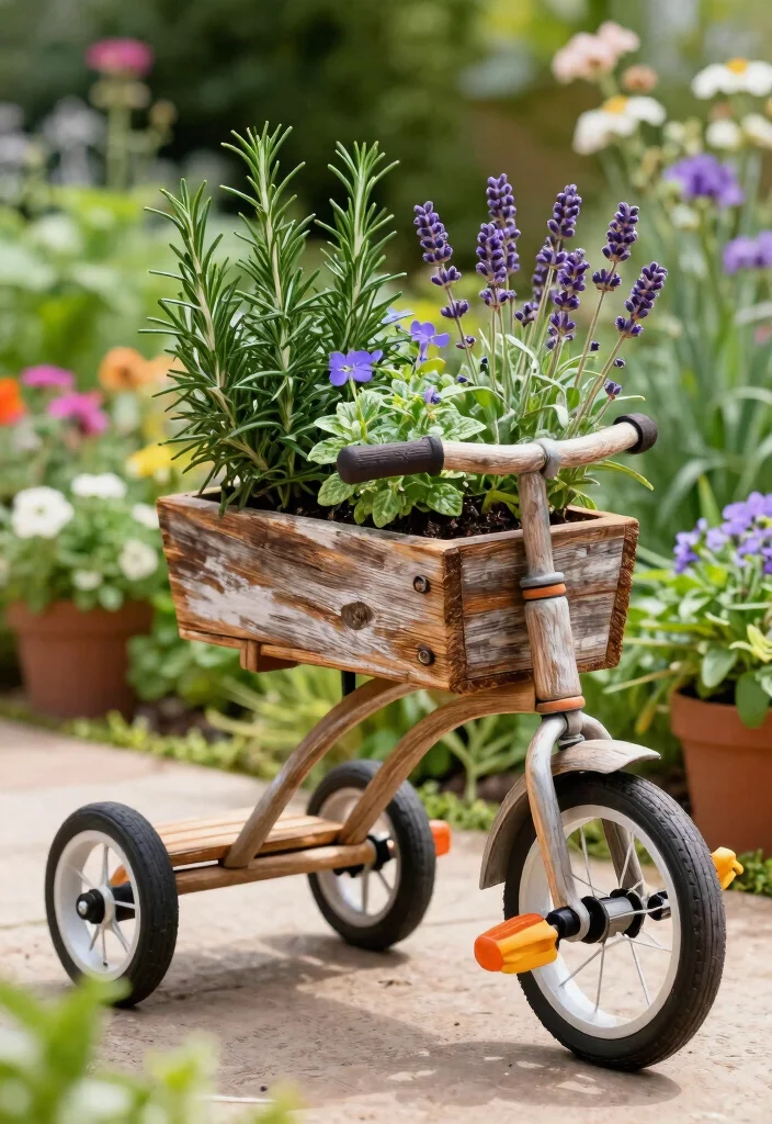 15 Pallet Herb Planter Ideas That Cost Nothing and Take One Hour - 12. Pallet Herb Tricycle Planter 1