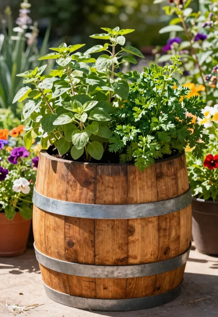 15 Pallet Herb Planter Ideas That Cost Nothing and Take One Hour - 15. Pallet Herb Barrel Planter 1