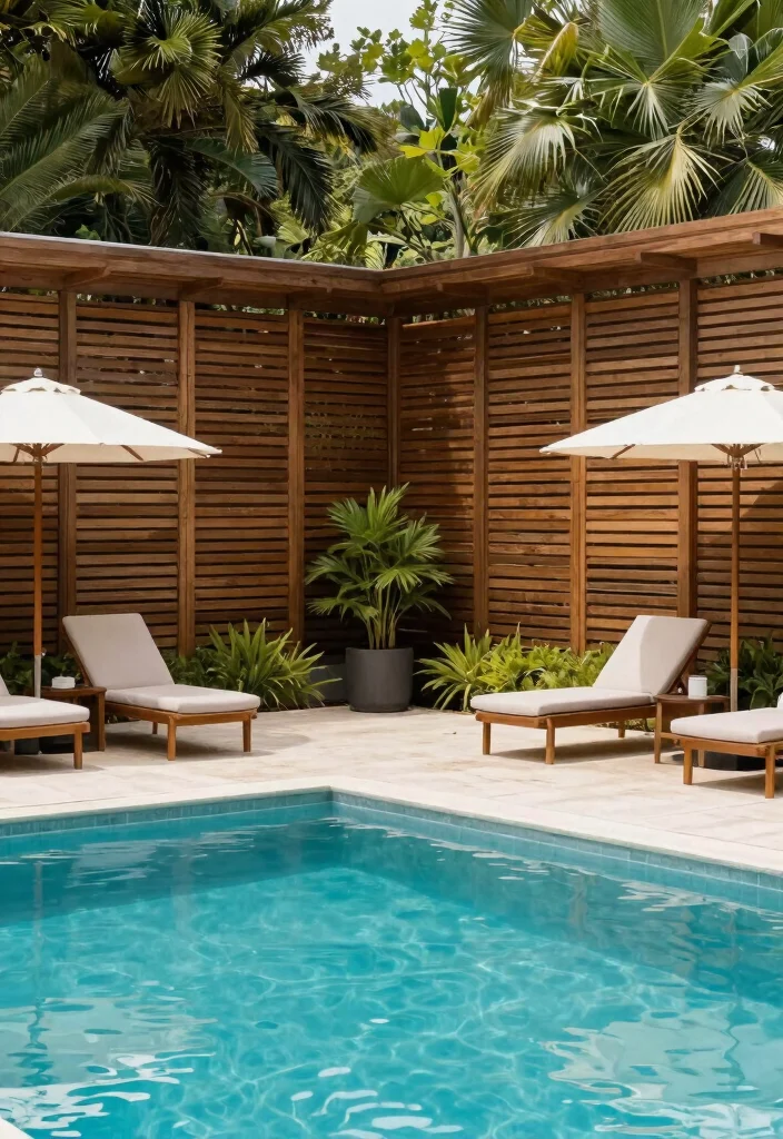 15 Slatted Fence Panels That Block Views Without Killing Airflow - 14. Poolside Slatted Fencing for Safety and Style 1