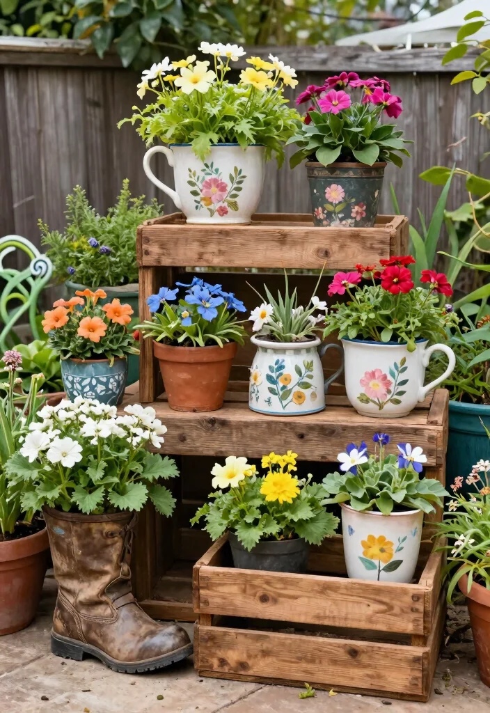 15 Small Backyard Decor Ideas That Make a Tiny Yard Feel Bigger - 7. Upcycled Planters 1