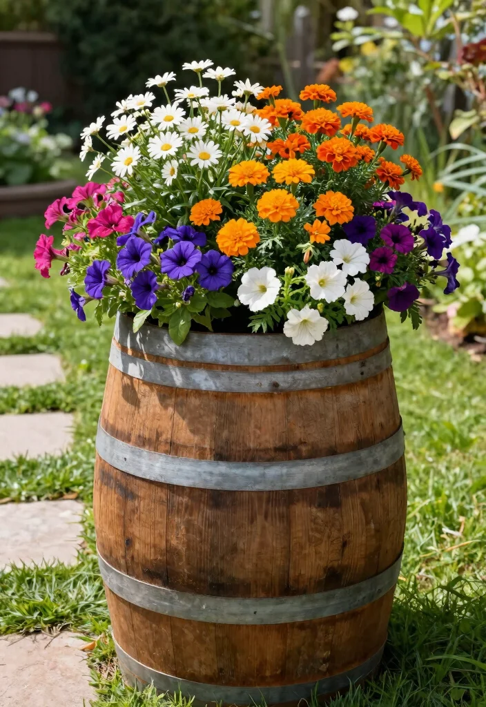 15 Whiskey Barrel Planter Ideas That Don't Rot or Fall Apart - 3. Colorful Flower Display 1