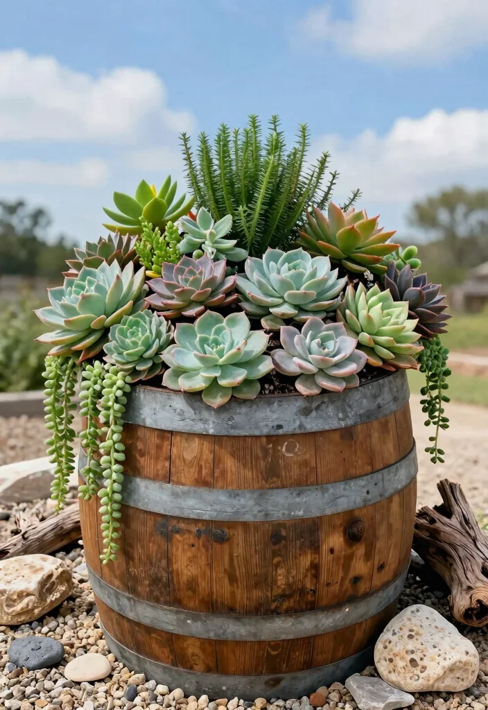 15 Whiskey Barrel Planter Ideas That Don't Rot or Fall Apart - 4. DIY Succulent Garden 1