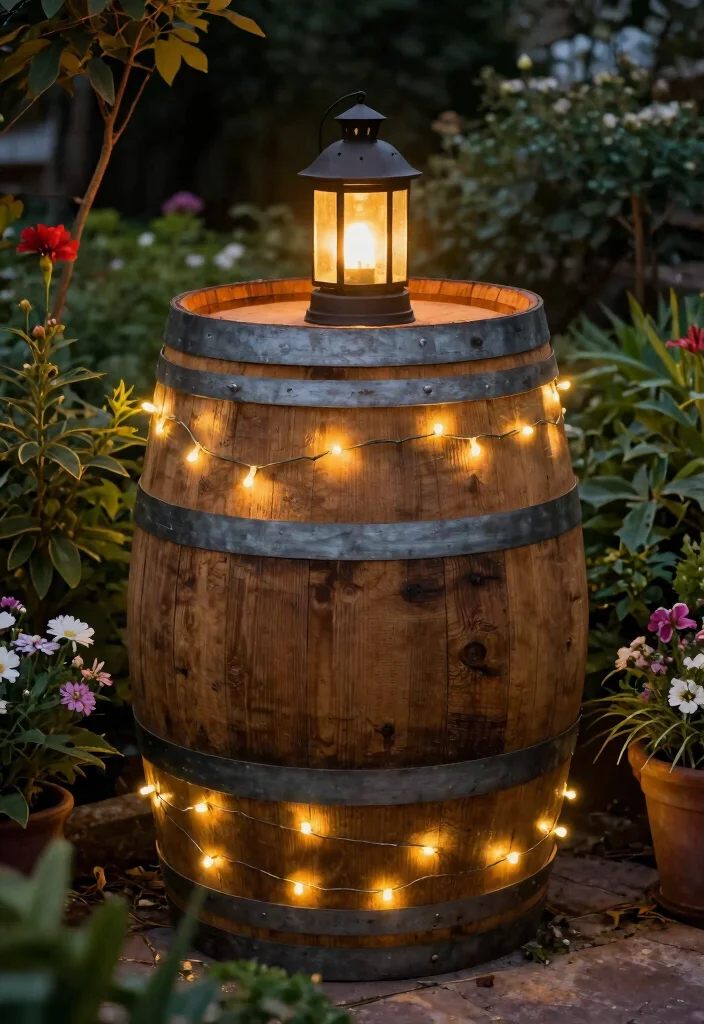 15 Whiskey Barrel Planter Ideas That Don't Rot or Fall Apart - 9. Decorative Outdoor Lighting 1