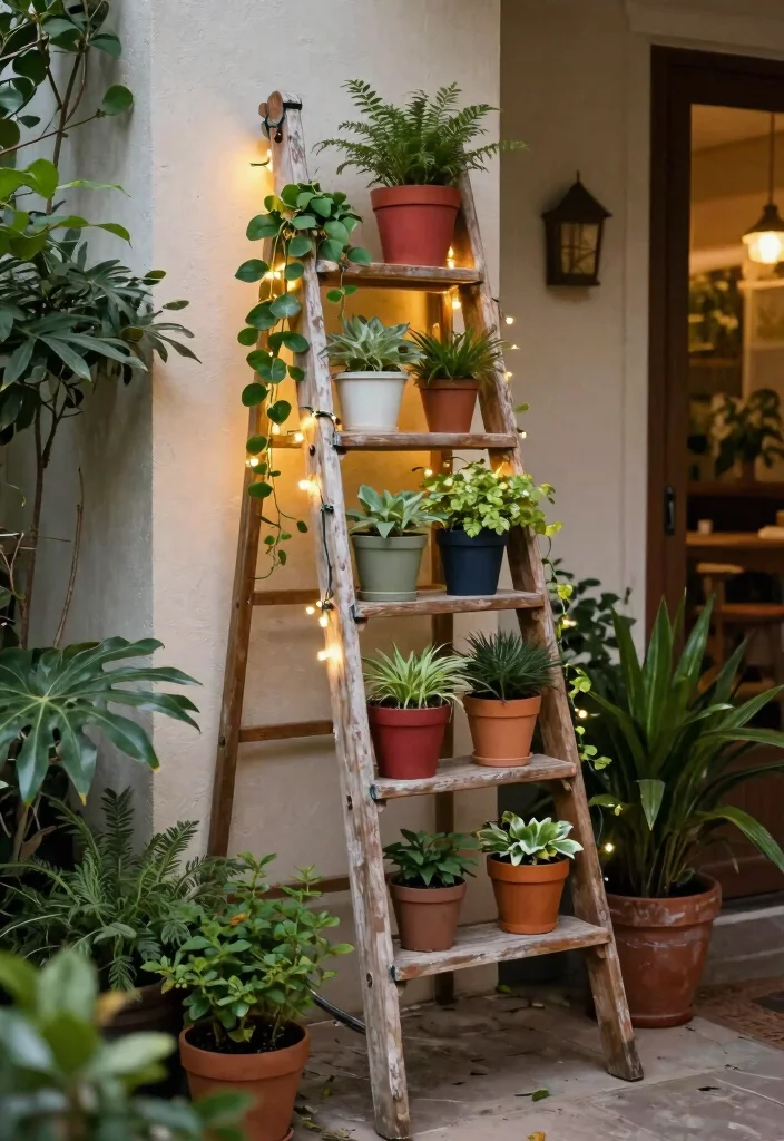 18 Apartment Patio Ideas for Renters Who Can't Drill or Install - 8. Use Ladders for Displays 1