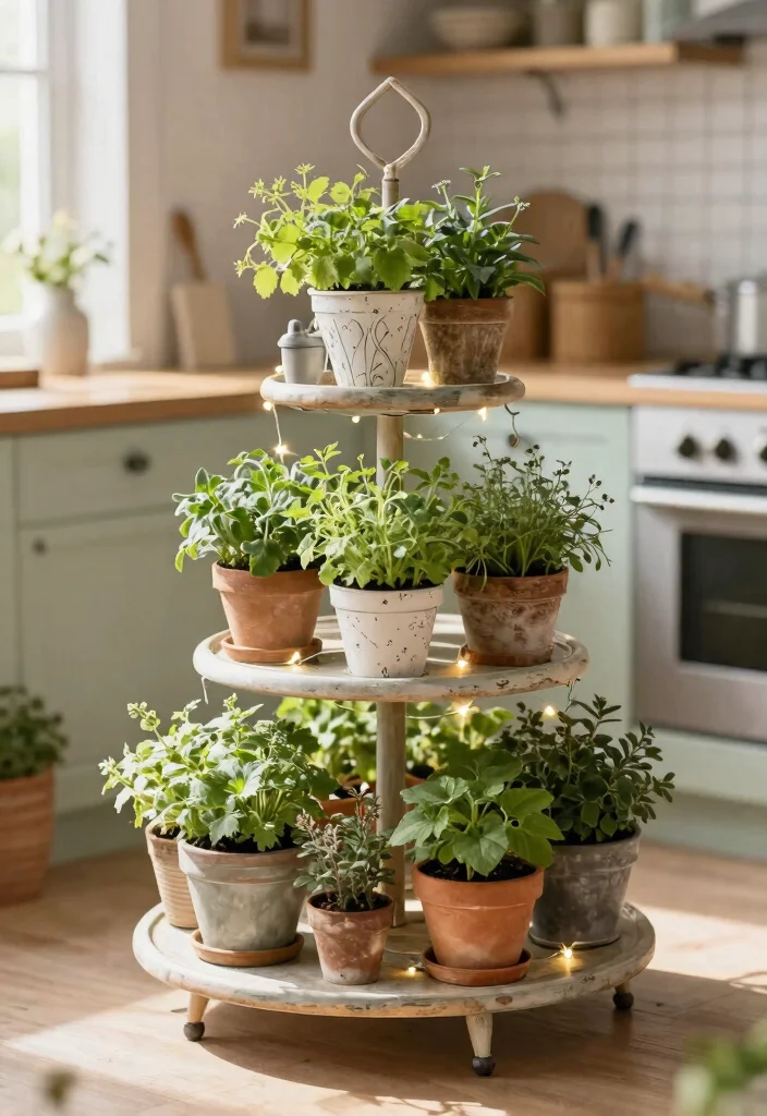 18 Farmhouse Shelf Decor Ideas That Fill Empty Walls on a Budget - 11. Tiered Plant Stand 1