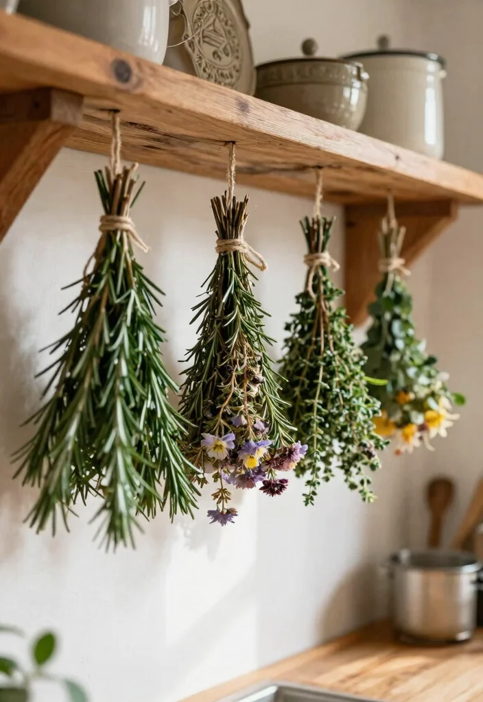 18 Farmhouse Shelf Decor Ideas That Fill Empty Walls on a Budget - 12. Herb Bundles Hanging 1