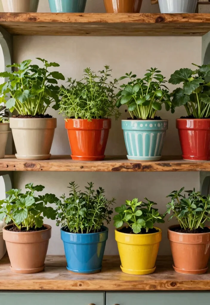18 Farmhouse Shelf Decor Ideas That Fill Empty Walls on a Budget - 13. Colorful Pots for a Pop of Fun 1
