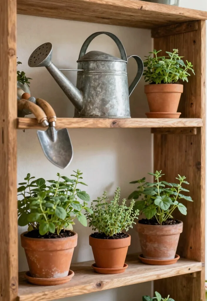 18 Farmhouse Shelf Decor Ideas That Fill Empty Walls on a Budget - 14. Rustic Garden Tool Decor 1