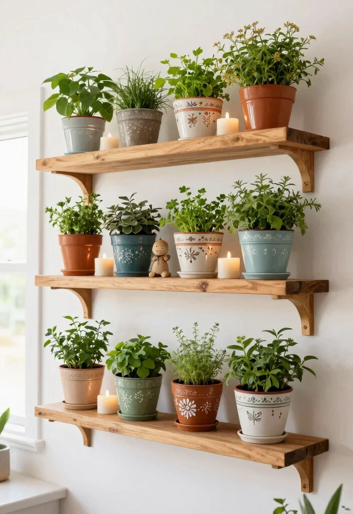 18 Farmhouse Shelf Decor Ideas That Fill Empty Walls on a Budget - 2. Floating Shelves with Herb Pots 1