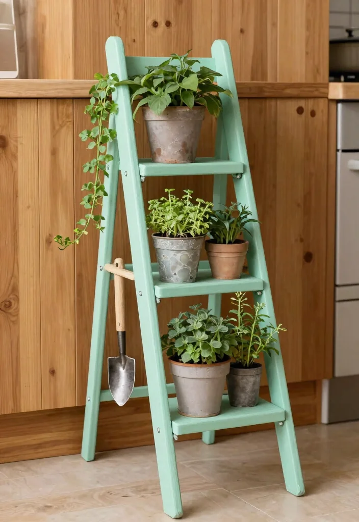 18 Farmhouse Shelf Decor Ideas That Fill Empty Walls on a Budget - 4. Mini Ladder Herb Stand 1