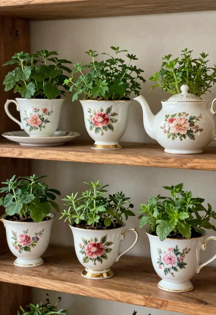 18 Farmhouse Shelf Decor Ideas That Fill Empty Walls on a Budget - 6. Vintage Teacups as Planters 1