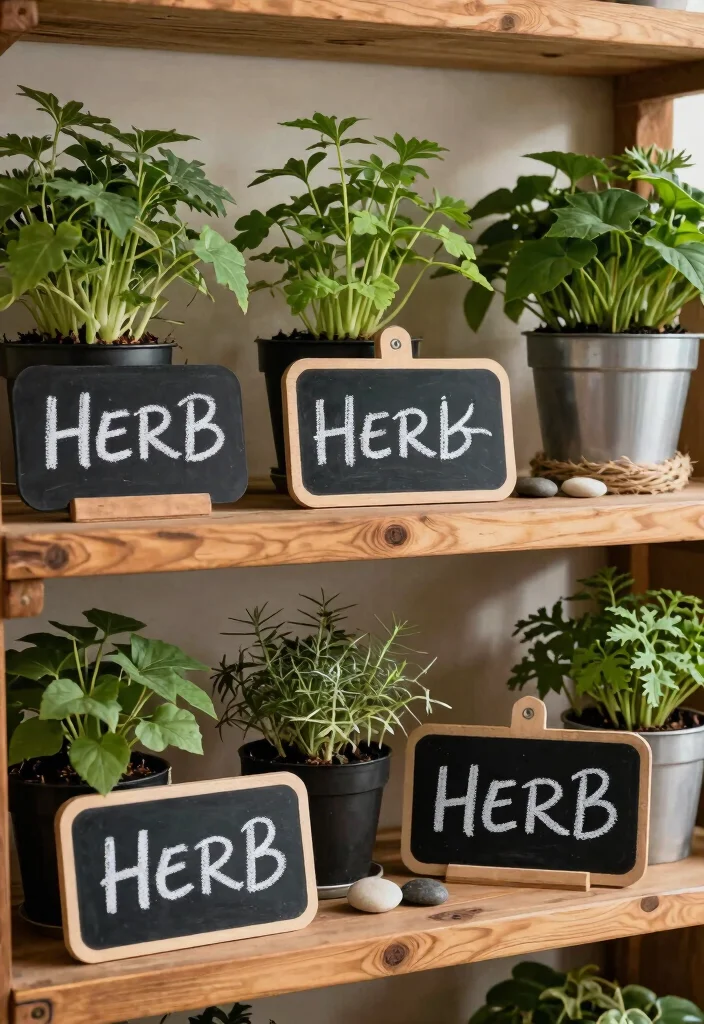 18 Farmhouse Shelf Decor Ideas That Fill Empty Walls on a Budget - 7. Chalkboard Herb Signs 1